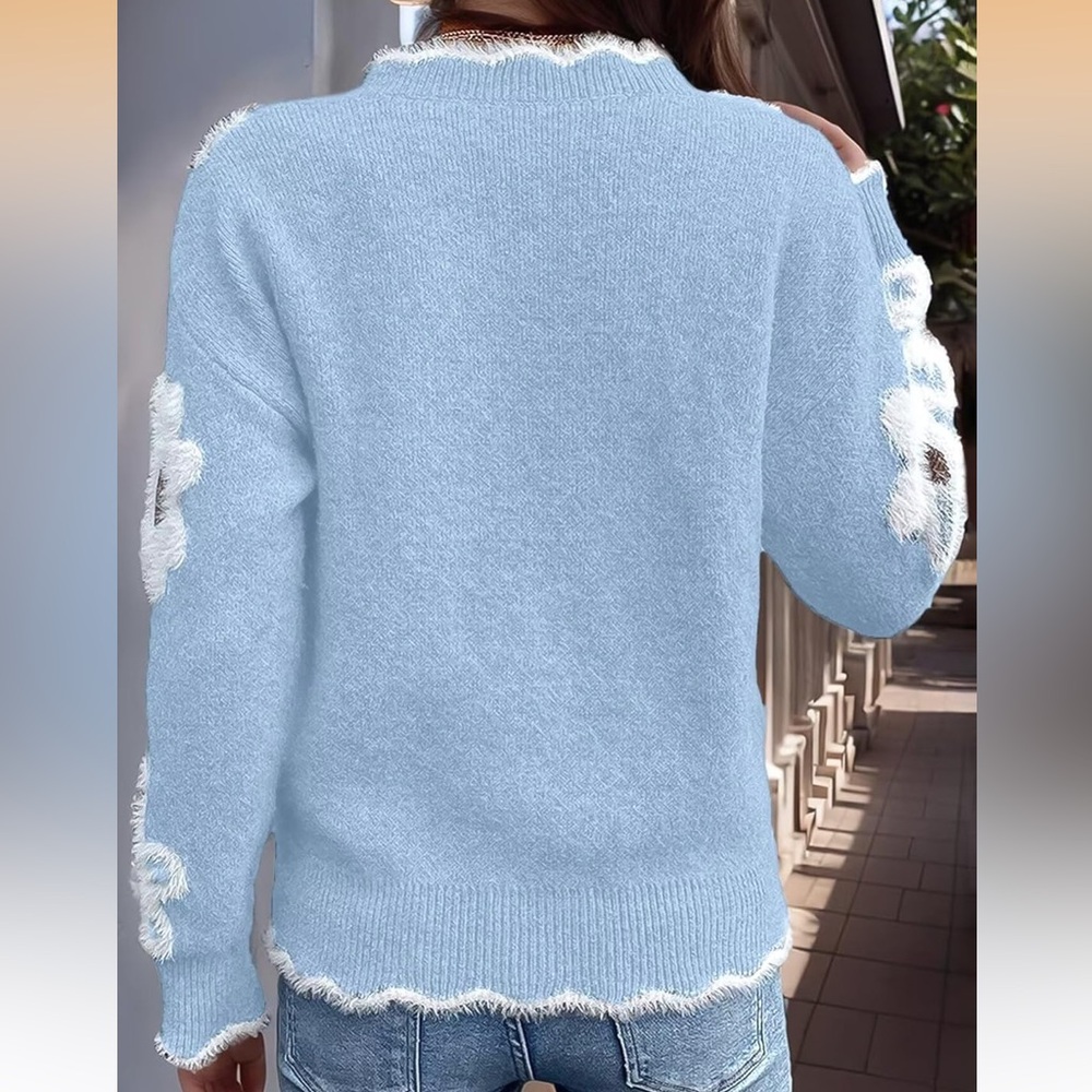 Light Blue Floral Fuzzy V-Neck Sweater - Picture 2 of 6